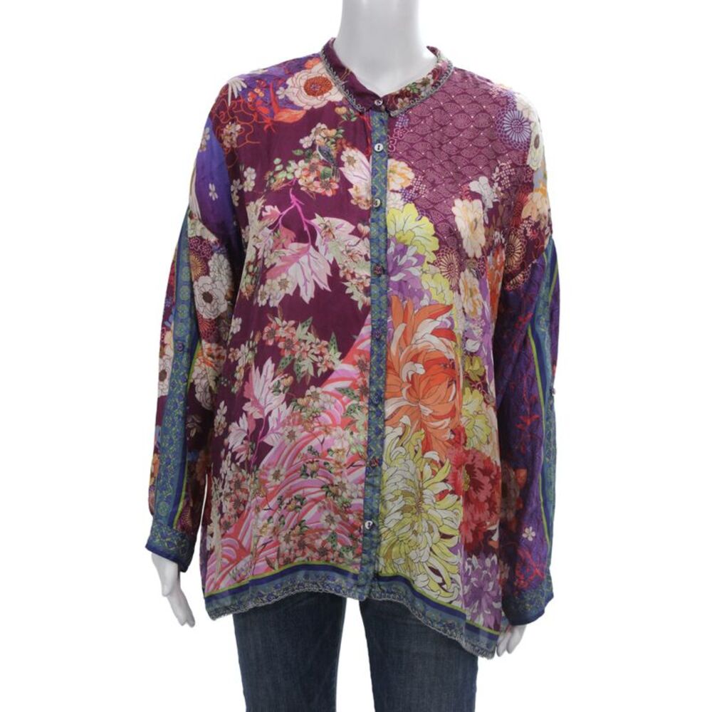Johnny Was Women Silk Floral Button Up Tunic Long Sleeve Multicolor Size M